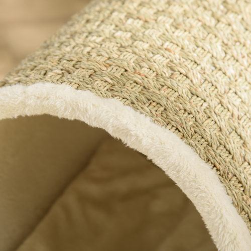 Elevated Cat House Kitten Bed Pet Shelter with Scratcher Cushion, Beige