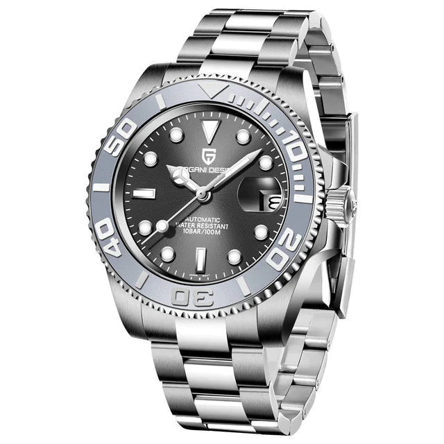 Silver wristwatch with black dial on a white background