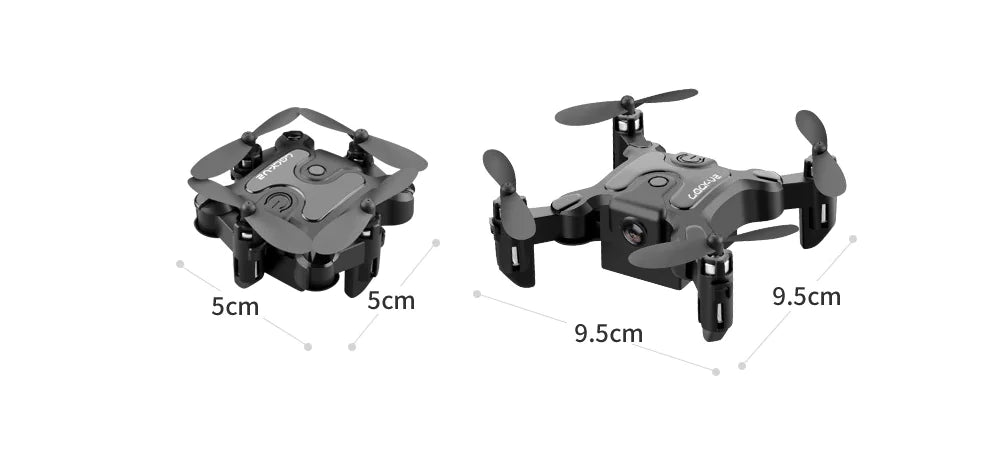 Two black drones with measurements on a white background