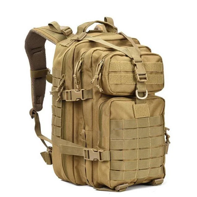 Tan tactical backpack on a white background