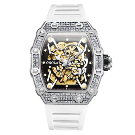 Luxury watch with intricate design and visible brand name on a white background