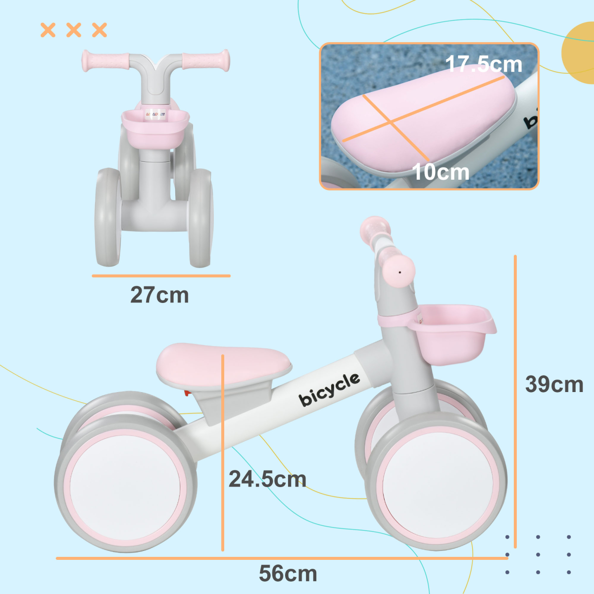 Measurement chart of a children's bicycle with pink handlebars and seat on a light blue background.