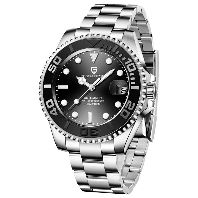 Silver wristwatch with black dial on a white background