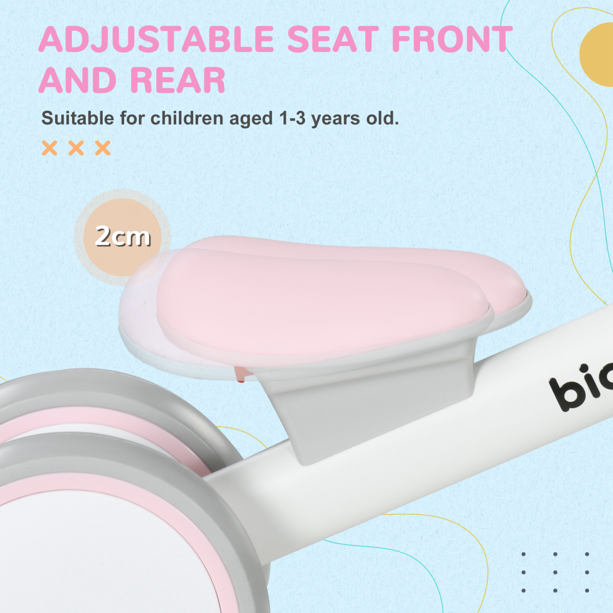 Adjustable seat front and rear for children aged 1-3 years old, suitable for bicycles, with pink and gray design on a light blue background.