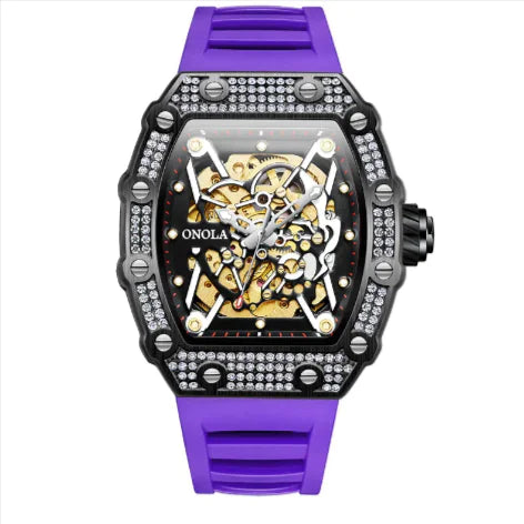 Luxury watch with purple strap and visible brand name on a white background