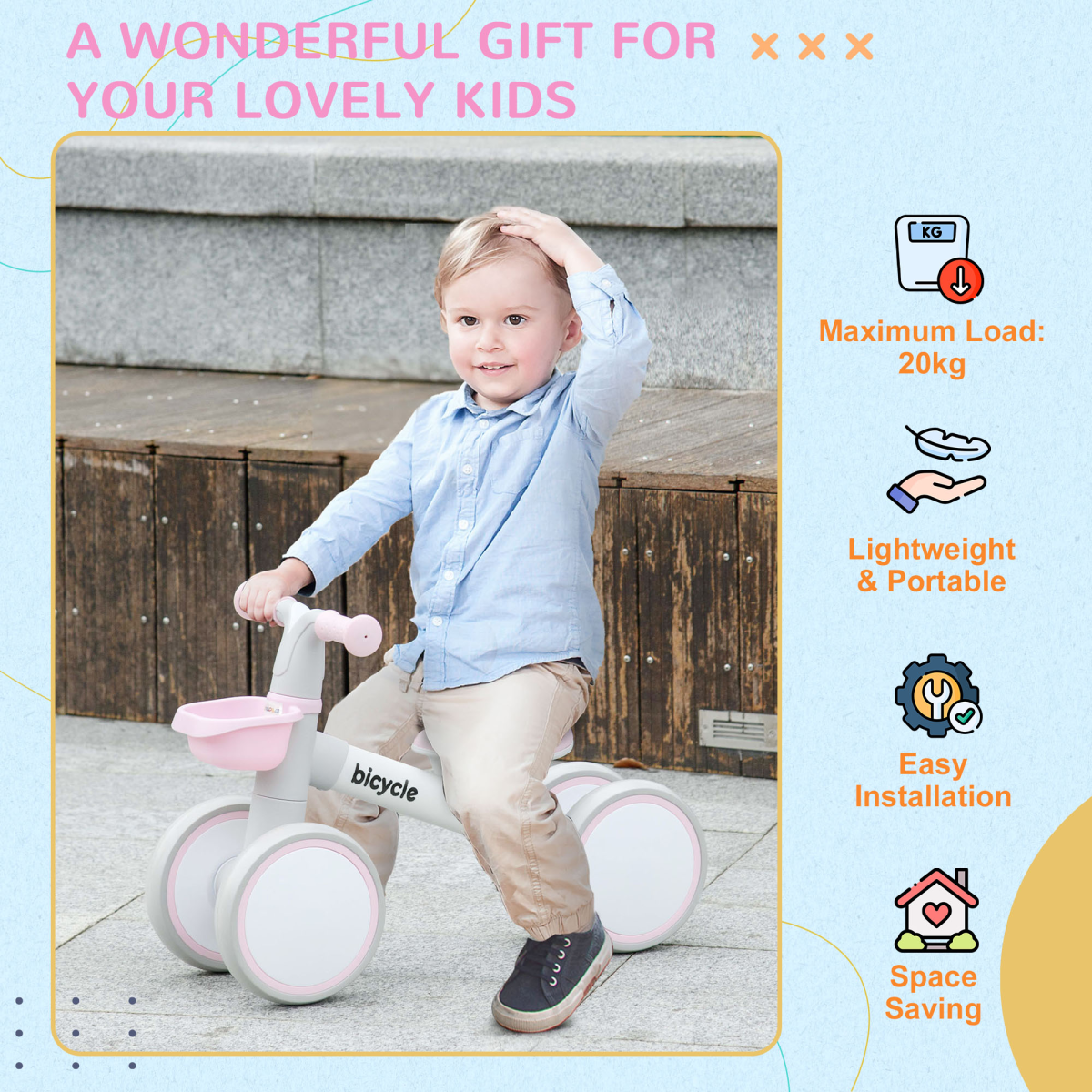 Child riding a tricycle with product features highlighted on a light blue background