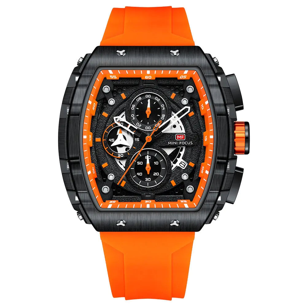 Orange and black watch with detailed face on a white background