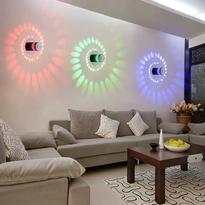 Living room with colorful wall lights and a sofa.