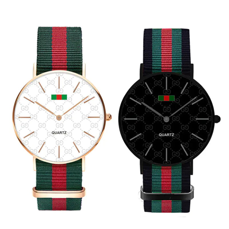 Two watches with green and red striped straps on a white background