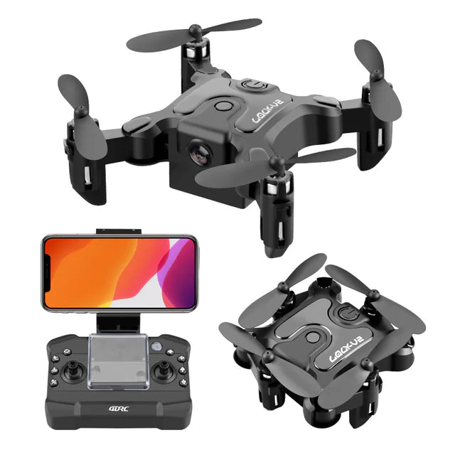 Small drone with remote control and screen on a white background