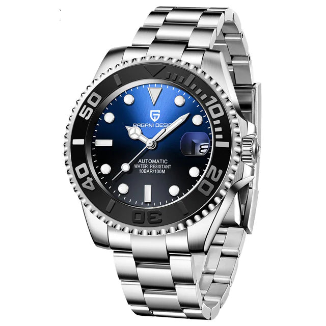 Silver wristwatch with a blue dial on a white background