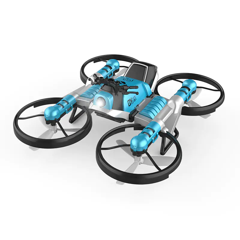 Small drone with blue and black design on a white background