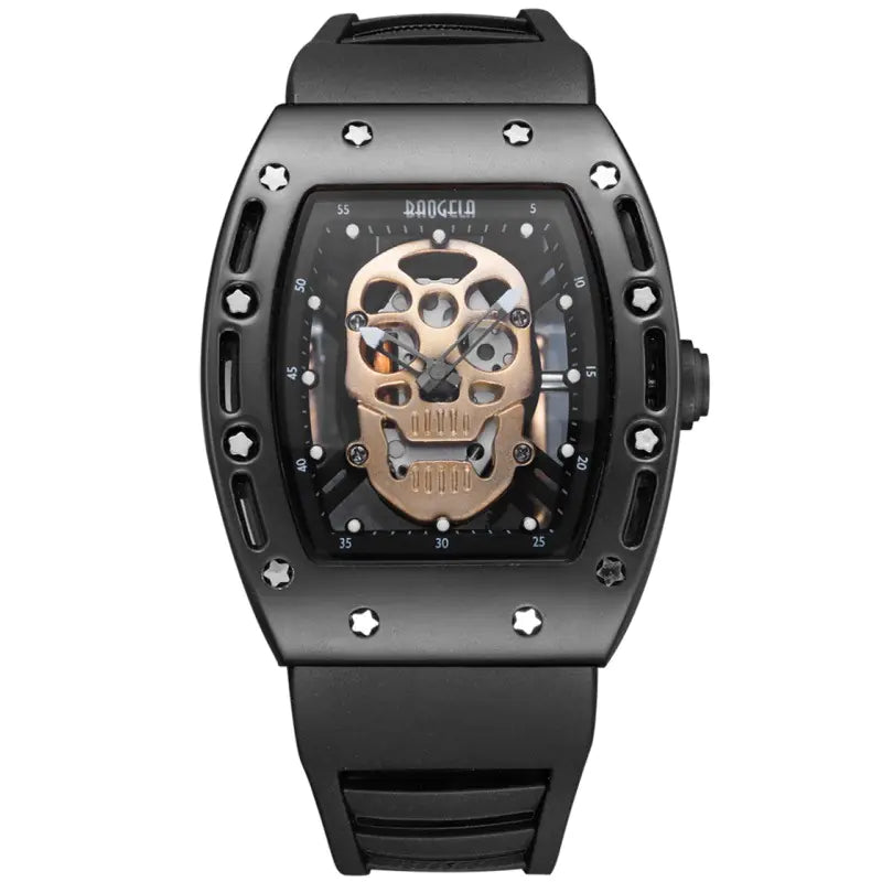 Black watch with skull design on a white background