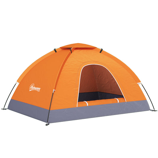 Orange camping tent with a gray base on a white background