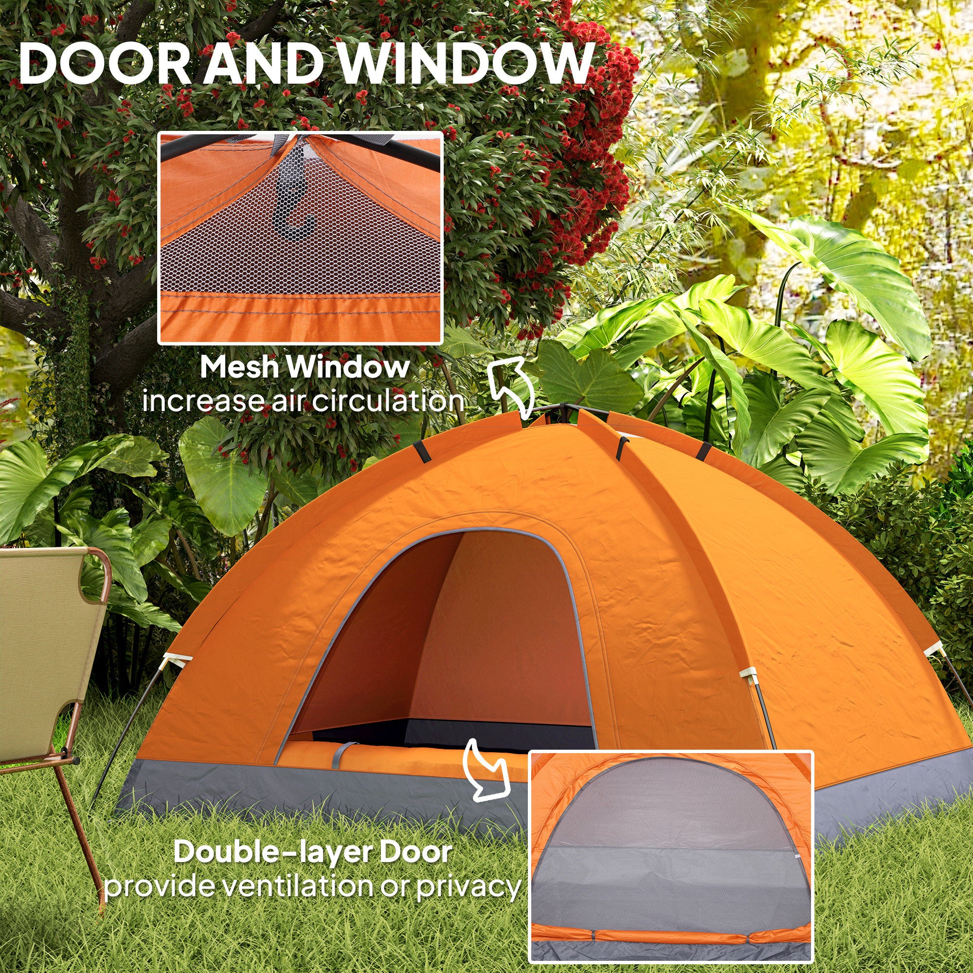 Orange tent with mesh window and double-layer door features, set against a natural background.