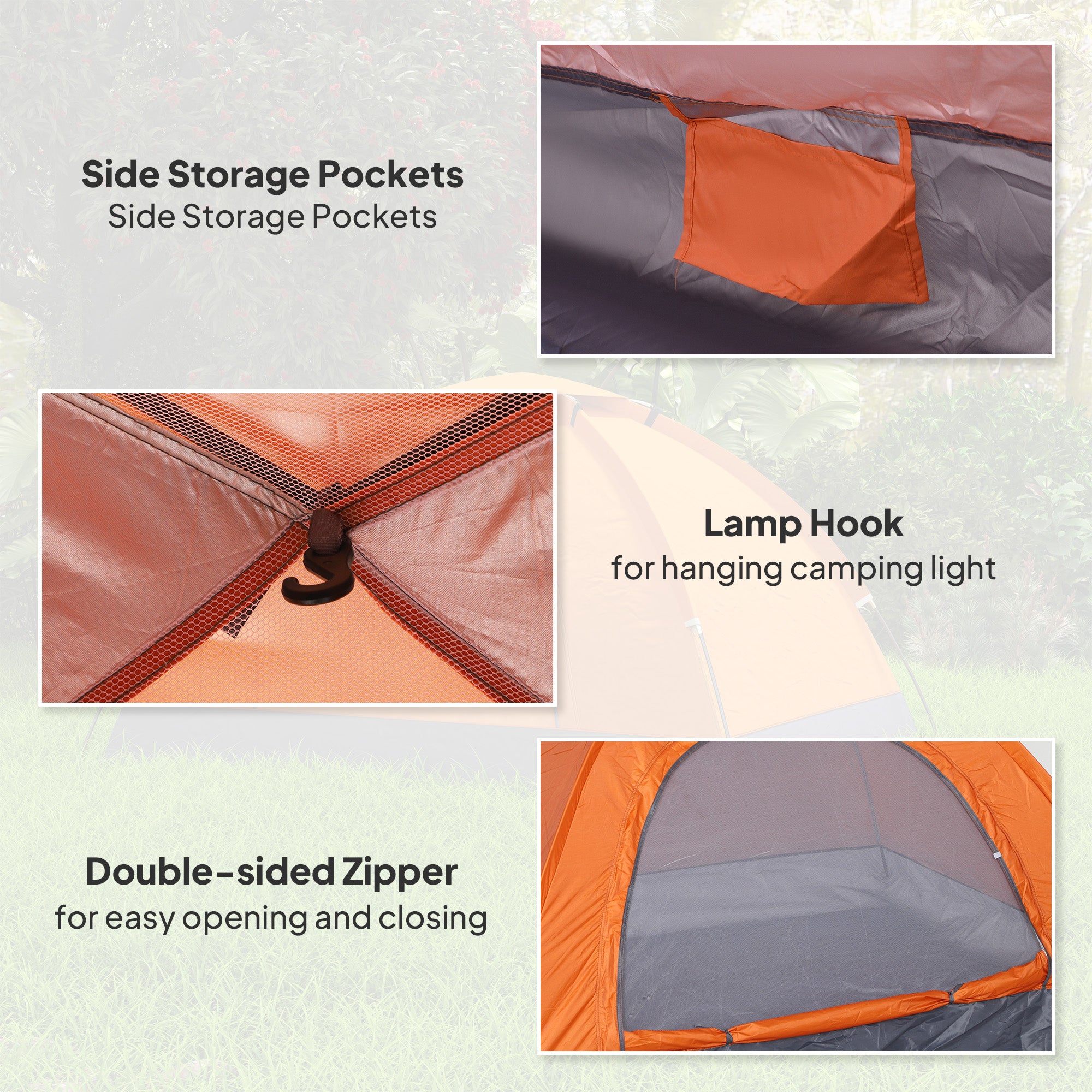Features of a camping tent including side storage pockets, lamp hook, and double-sided zipper.