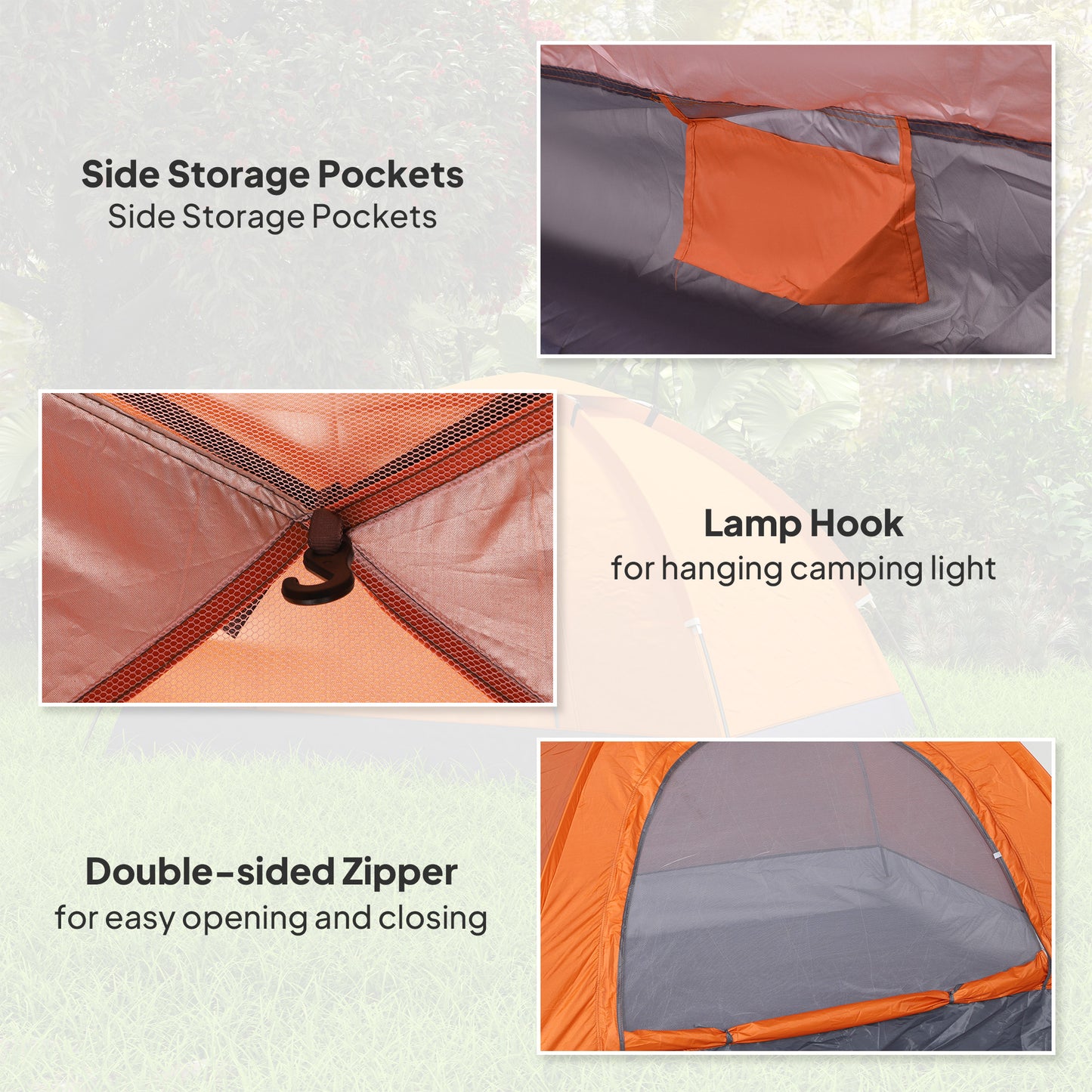 Features of a camping tent including side storage pockets, lamp hook, and double-sided zipper.
