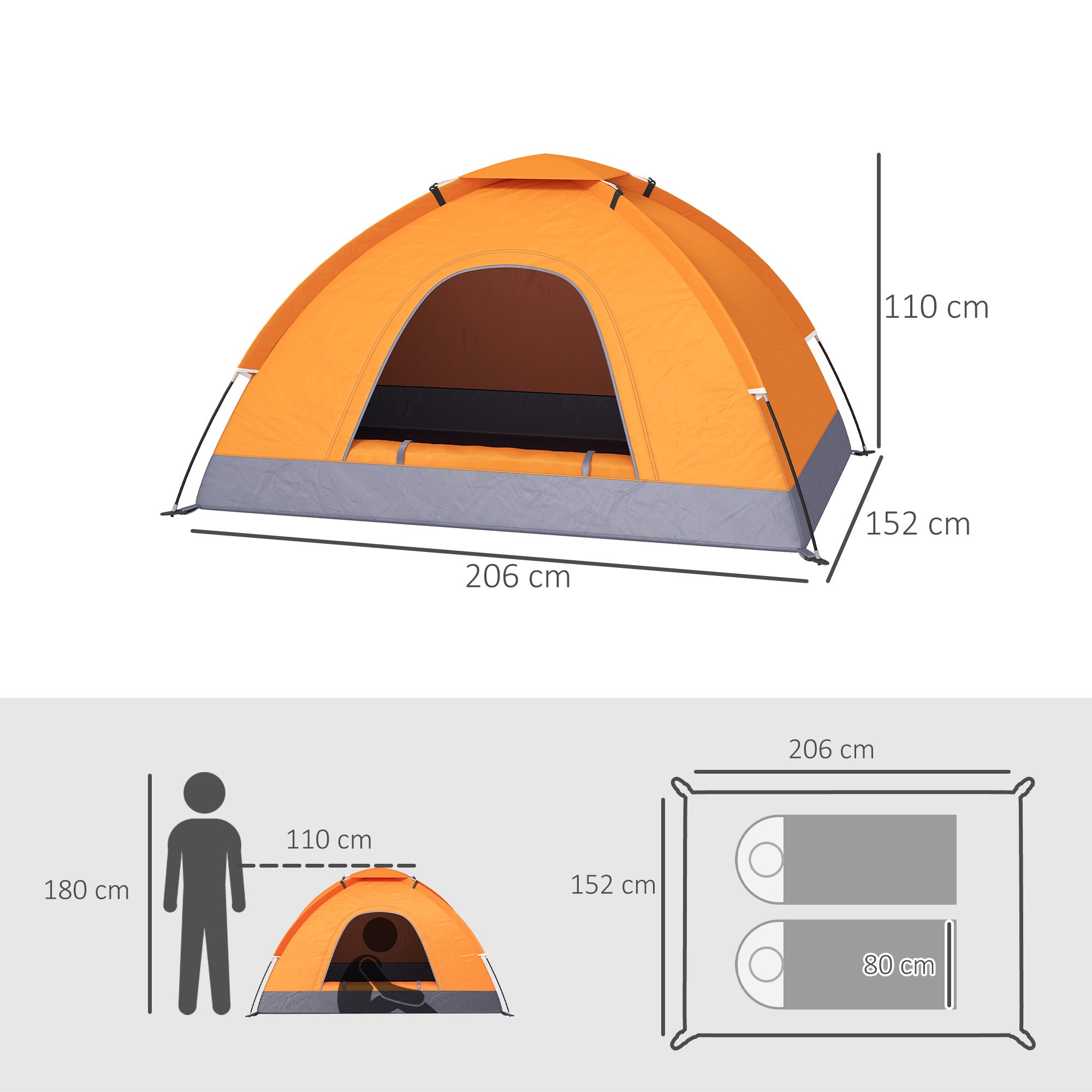Orange camping tent with dimensions on a white background