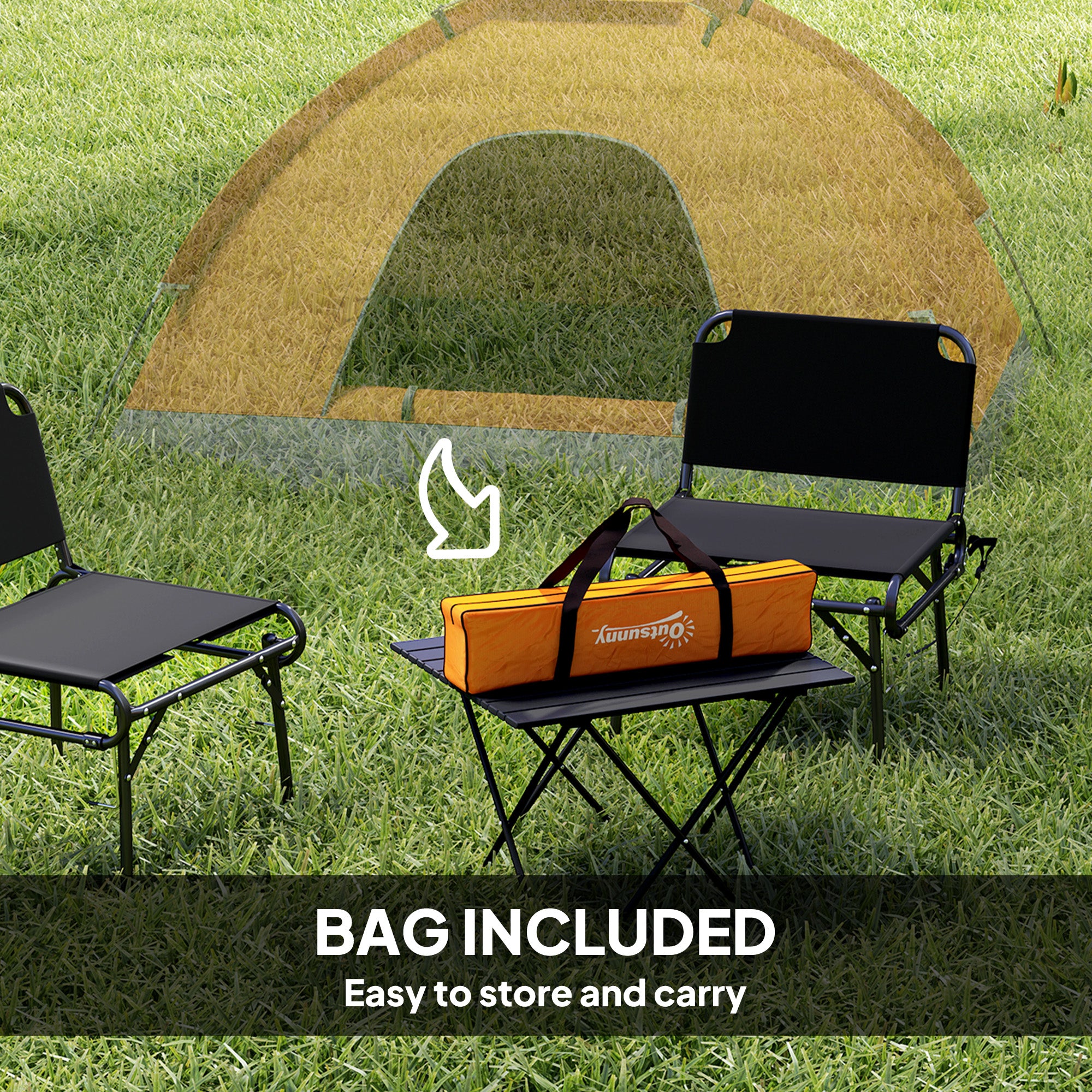 Camping chairs and table set with a tent in the background on grass.