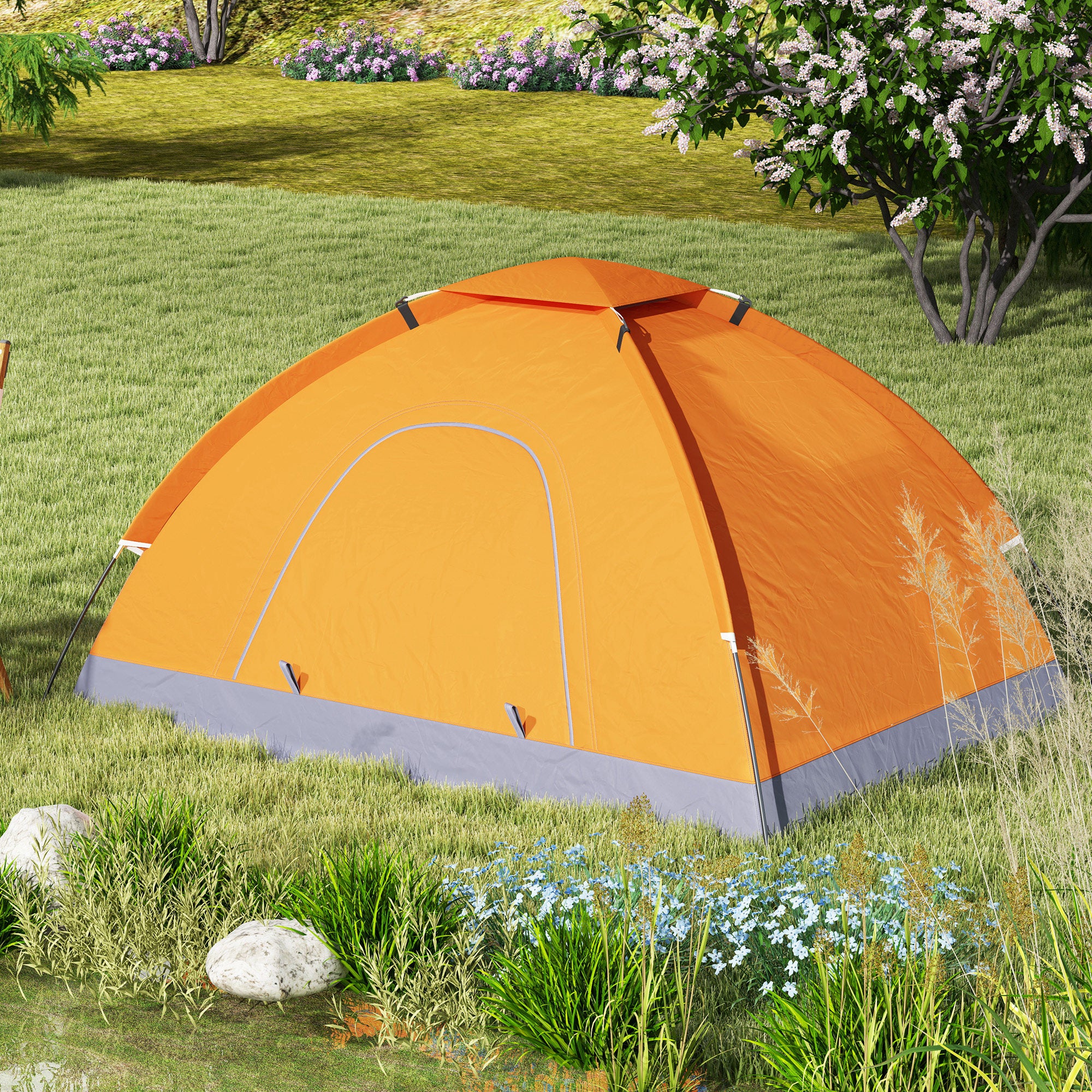 Orange camping tent in a grassy outdoor setting with flowers and trees.