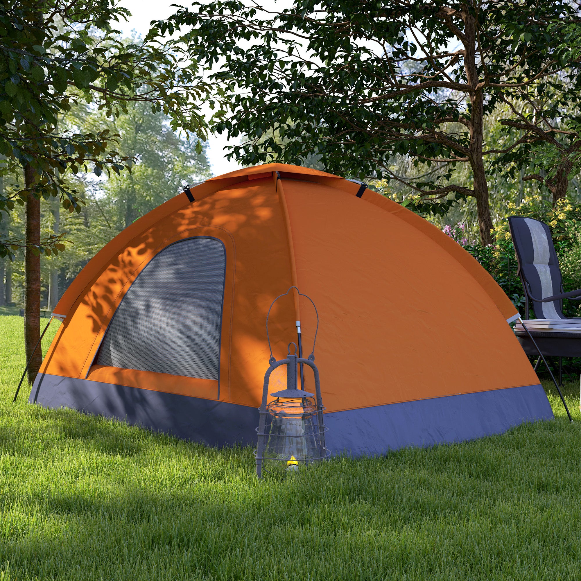 Orange and blue tent set up in a grassy area with trees in the background