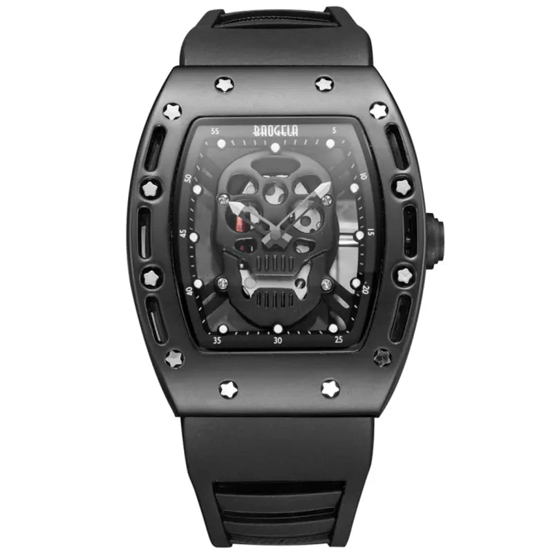 Black skull-themed watch with star accents on a white background