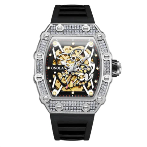 Luxury watch with black strap and intricate design on a white background