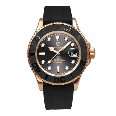 Wristwatch with black strap and gold casing on a white background
