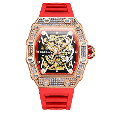 Luxury watch with red strap and rose gold case on white background