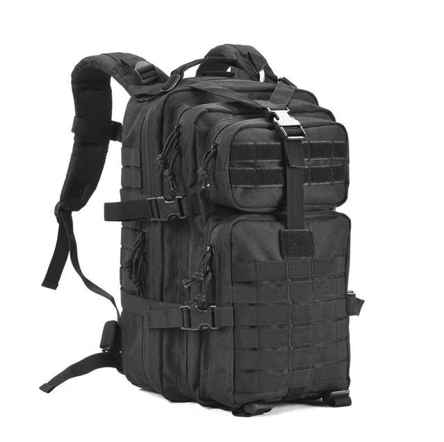 Black tactical backpack on a white background