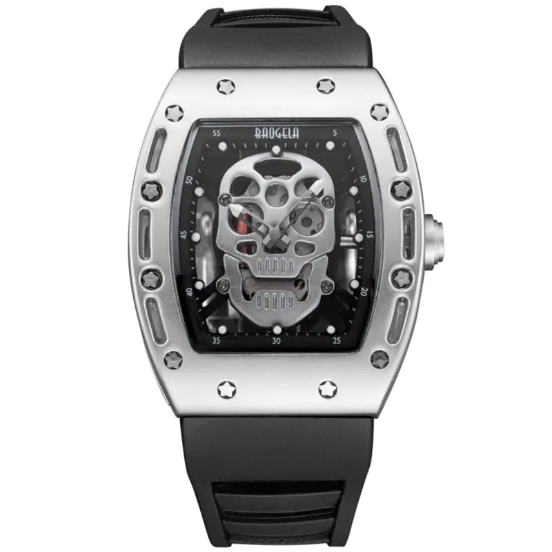 Watch with skull design on the face, black strap, and silver case.