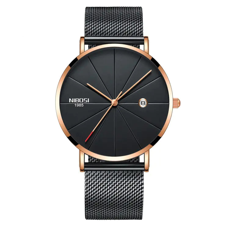 Black watch with rose gold accents on a white background