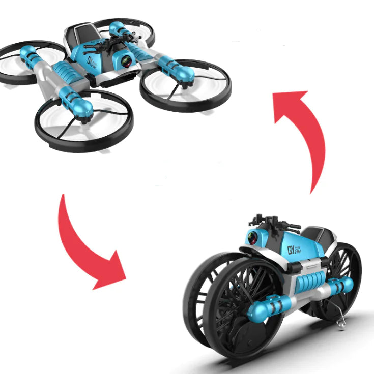 Transforming drone and vehicle model with red arrows indicating transformation.