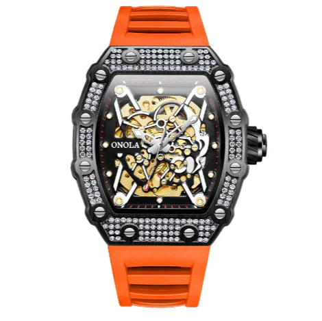Luxury watch with orange strap and intricate design on a white background