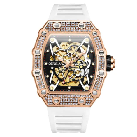 Luxury watch with rose gold case, white strap, and visible brand name on a white background