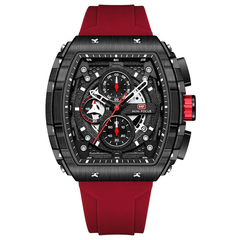Luxury watch with red strap and black dial on a white background