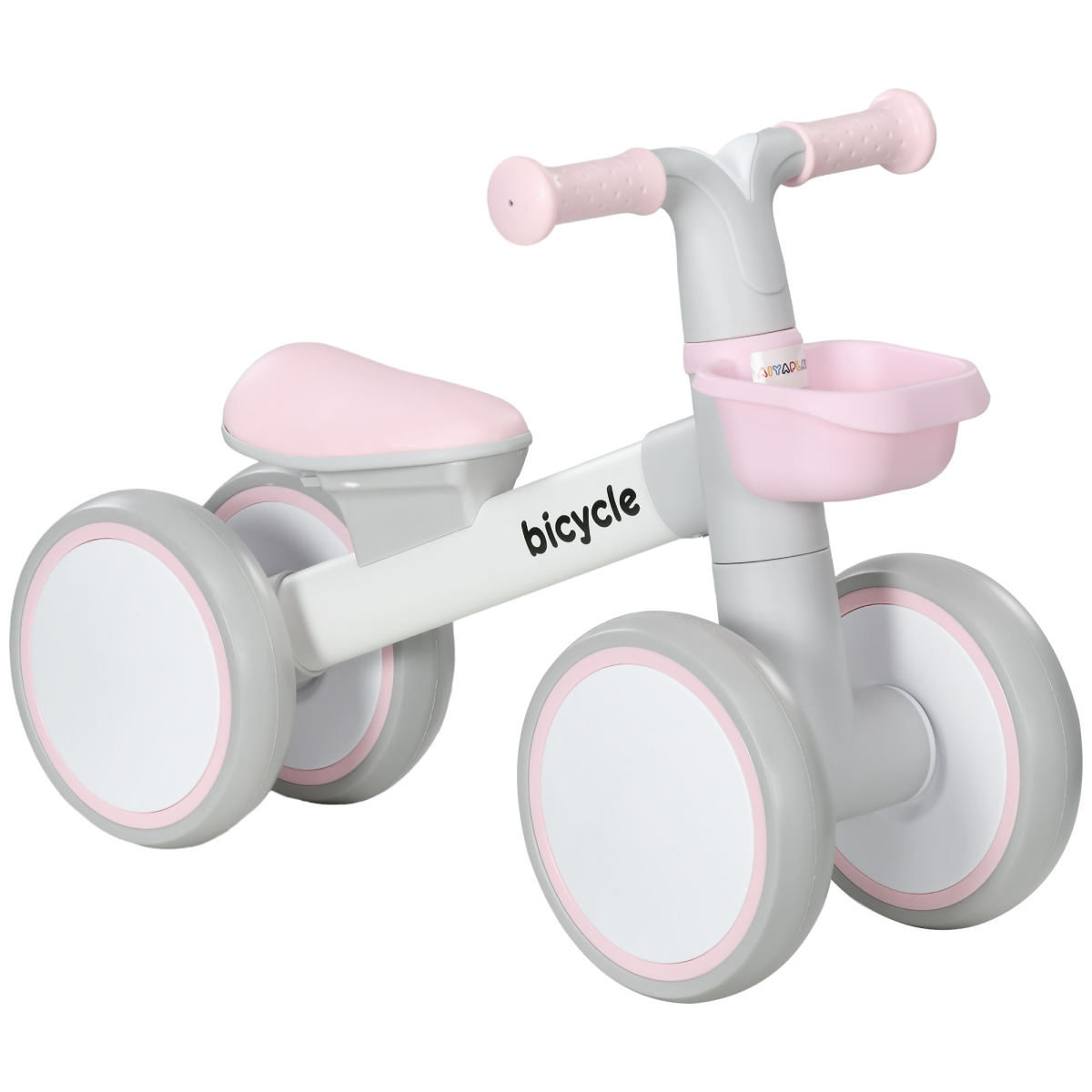 White and pink balance bike on a white background