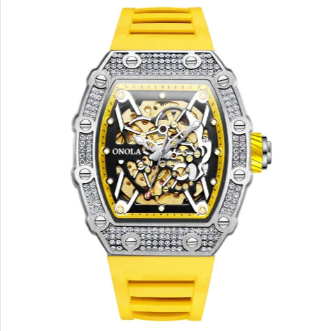 Luxury watch with yellow strap and intricate design on a white background