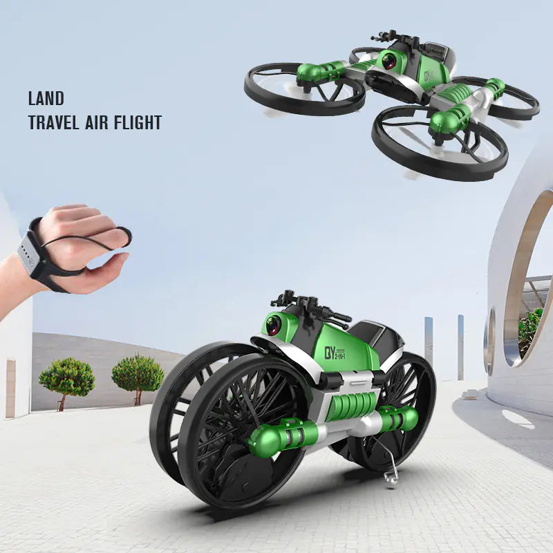 Green and black drone transforming into a motorcycle on a clear sky background