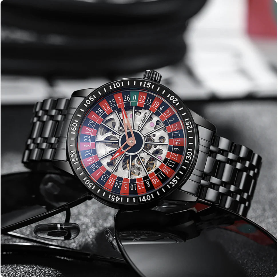 Luxury watch with a unique face design on a blurred background