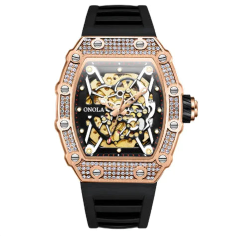 Luxury watch with rose gold case, black strap, and intricate design on a white background