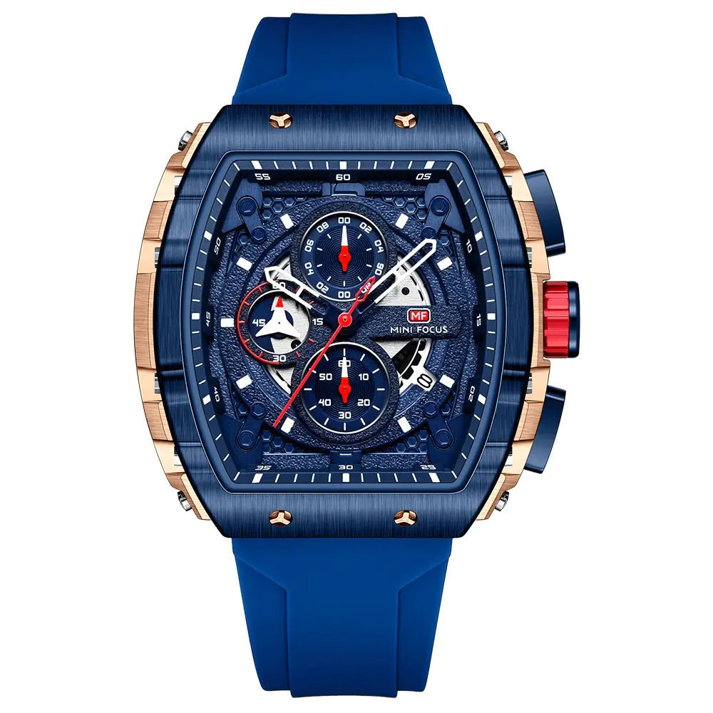 Blue and rose gold watch with detailed face on a white background