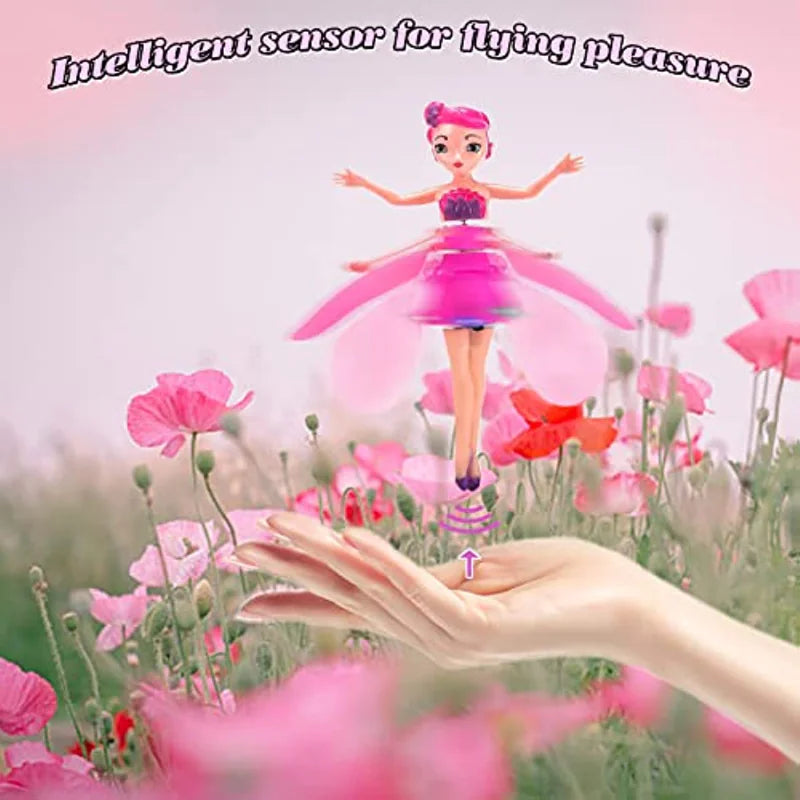 Toy figure hovering above a hand with pink flowers in the background, labeled 'Intelligent sensor for flying pleasure'.