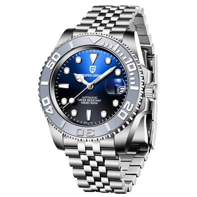 Silver watch with blue dial on a white background