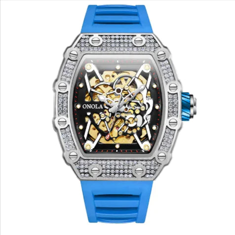 Luxury watch with blue strap and visible brand name on a white background
