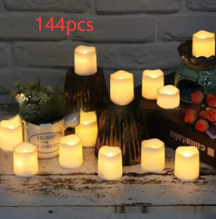 144 LED candles on a decorative surface with a stone wall background
