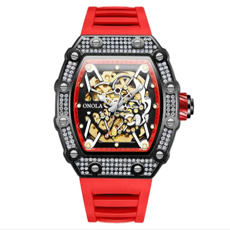 Luxury watch with red strap and intricate design on a white background
