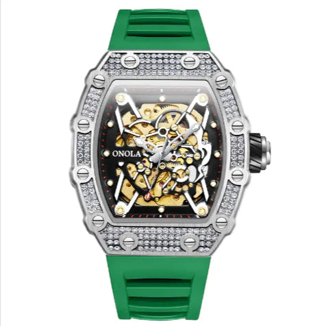Luxury watch with green strap and visible brand name on a white background