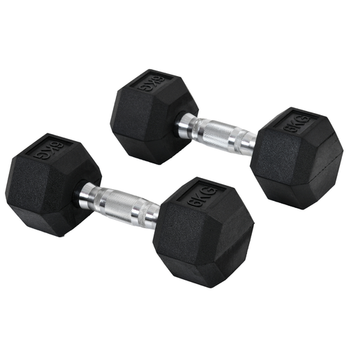Pair of black hexagonal dumbbells with silver connectors on a white background