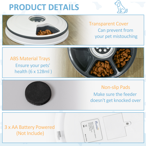 Automatic Pet Feeder w/ Digital Timer Six-Meal Food Dispenser Trays White